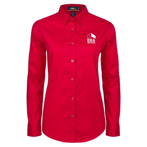 Womens Red Twill Button Down Long Sleeve -ERA