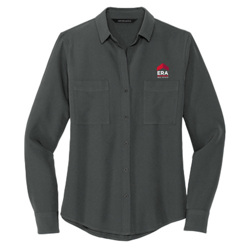 Mercer + Mettle Womens Grey Crepe Long Sleeve Camp Blouse-ERA