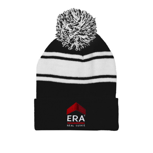 Black/White Two Tone Knit Pom Beanie w/Cuff-ERA