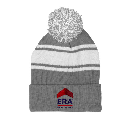 Grey/White Two Tone Knit Pom Beanie w/Cuff-ERA