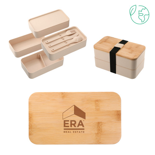 Stackable Bamboo Fiber Beige Bento Box-ERA Engraved