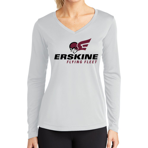  Womens White Performance Long Sleeve V Neck Shirt - Erskine Flying Fleet Stacked