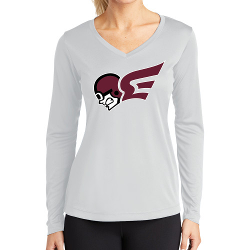  Womens White Performance Long Sleeve V Neck Shirt - Flying Fleet Mascot
