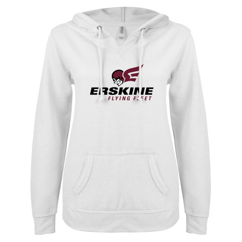  ENZA Womens White V Notch Raw Edge Fleece Hoodie - Erskine Flying Fleet Stacked