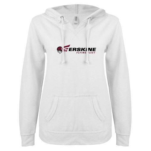  ENZA Womens White V Notch Raw Edge Fleece Hoodie - Erskine Flying Fleet Horizontal