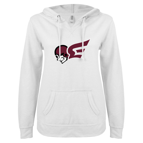  ENZA Womens White V Notch Raw Edge Fleece Hoodie - Flying Fleet Mascot