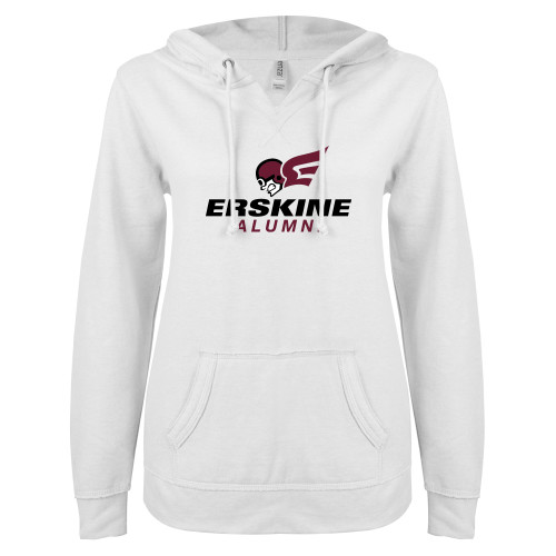  ENZA Womens White V Notch Raw Edge Fleece Hoodie - Alumni