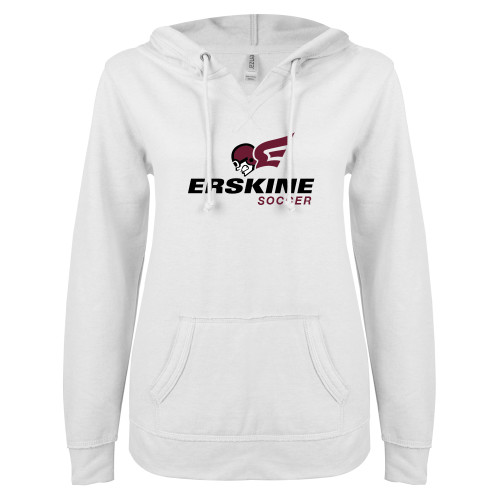  ENZA Womens White V Notch Raw Edge Fleece Hoodie - Soccer