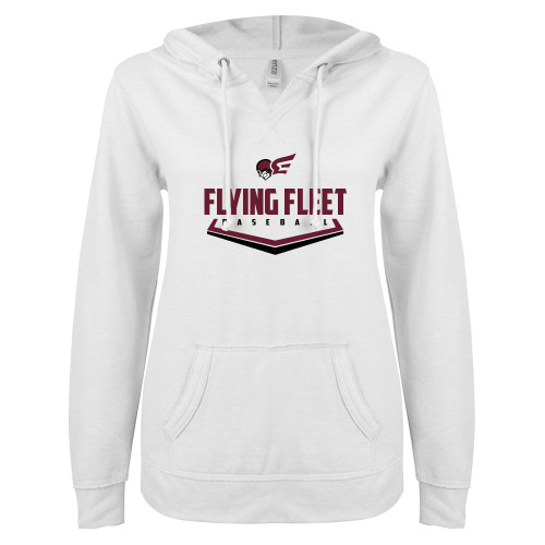  ENZA Womens White V Notch Raw Edge Fleece Hoodie - Baseball