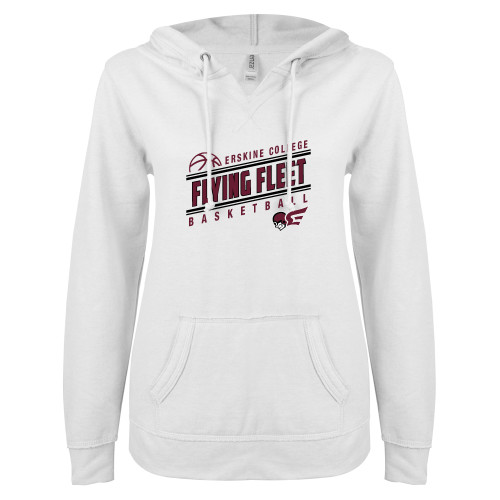  ENZA Womens White V Notch Raw Edge Fleece Hoodie - Basketball