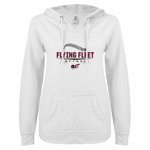  ENZA Womens White V Notch Raw Edge Fleece Hoodie - Softball