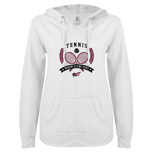  ENZA Womens White V Notch Raw Edge Fleece Hoodie - Tennis