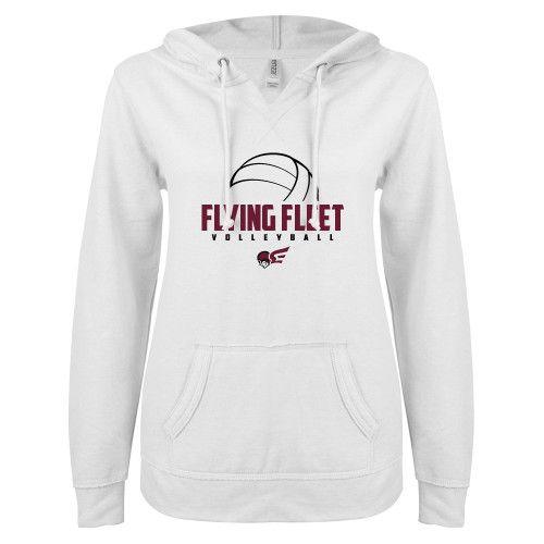  ENZA Womens White V Notch Raw Edge Fleece Hoodie - Flying FleVolleyball