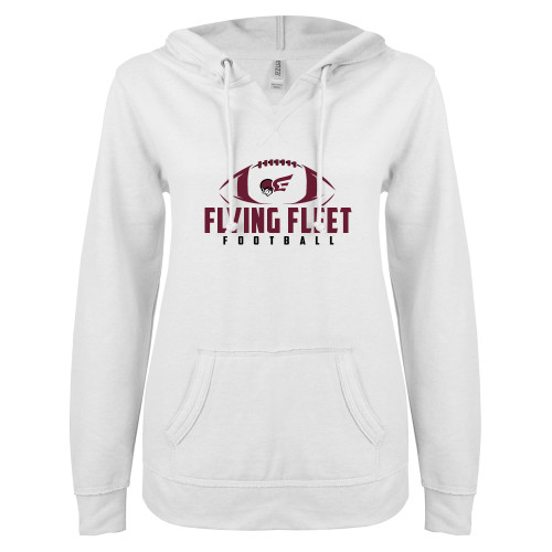  ENZA Womens White V Notch Raw Edge Fleece Hoodie - Flying Fleet Football