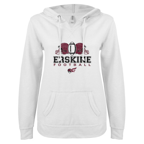  ENZA Womens White V Notch Raw Edge Fleece Hoodie - Erskine Football