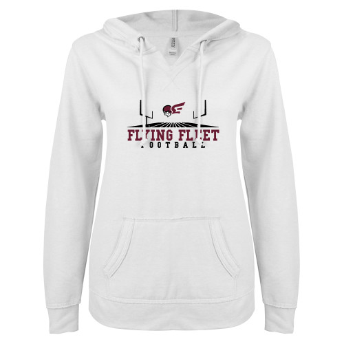  ENZA Womens White V Notch Raw Edge Fleece Hoodie - Erskine Flying Fleet Football