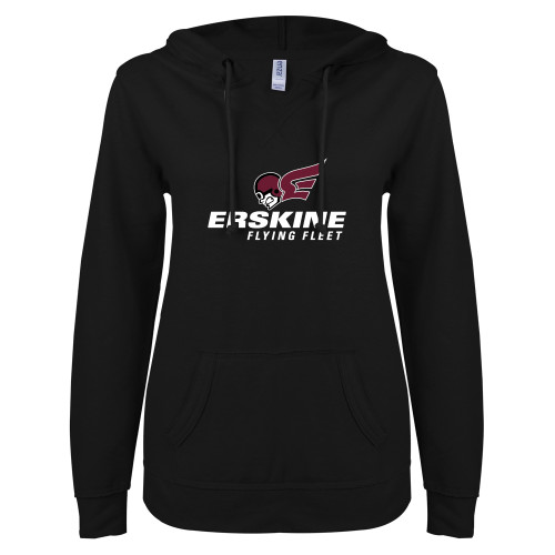  ENZA Womens Black V Notch Raw Edge Fleece Hoodie - Erskine Flying Fleet Stacked