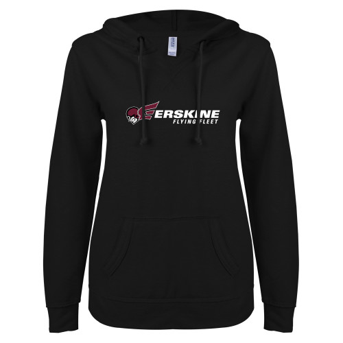  ENZA Womens Black V Notch Raw Edge Fleece Hoodie - Erskine Flying Fleet Horizontal