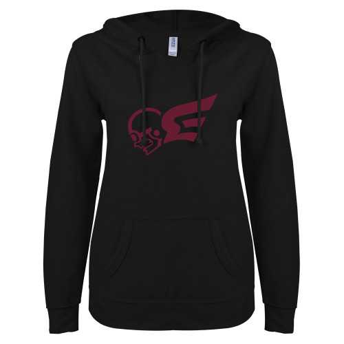  ENZA Womens Black V Notch Raw Edge Fleece Hoodie - Flying Fleet Mascot