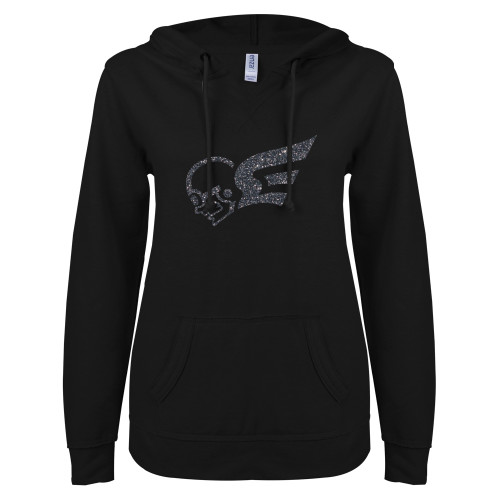  ENZA Womens Black V Notch Raw Edge Fleece Hoodie - F Graphite Soft Glitter