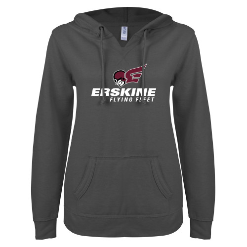  ENZA Womens Dark Heather V Notch Raw Edge Fleece Hoodie - Erskine Flying Fleet Stacked