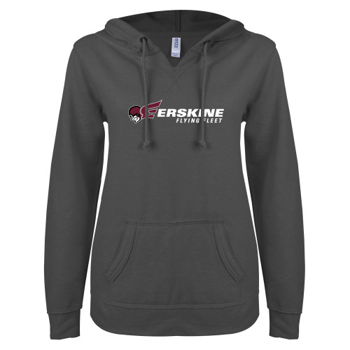  ENZA Womens Dark Heather V Notch Raw Edge Fleece Hoodie - Erskine Flying Fleet Horizontal