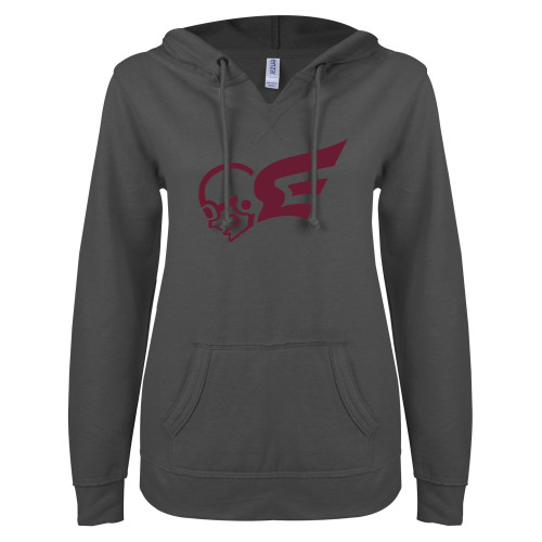  ENZA Womens Dark Heather V Notch Raw Edge Fleece Hoodie - Flying Fleet Mascot
