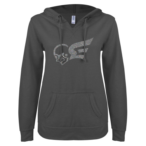  ENZA Womens Dark Heather V Notch Raw Edge Fleece Hoodie - A Silver Soft Glitter
