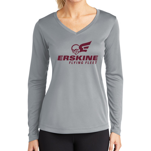  Womens Grey Performance Long Sleeve V Neck Shirt - Erskine Flying Fleet Stacked