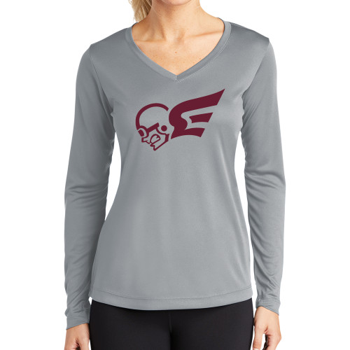  Womens Grey Performance Long Sleeve V Neck Shirt - Flying Fleet Mascot