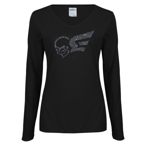  Womens Black Long Sleeve V Neck Tee  - F Graphite Soft Glitter