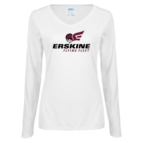  Womens White Long Sleeve V Neck Tee - Erskine Flying Fleet Stacked