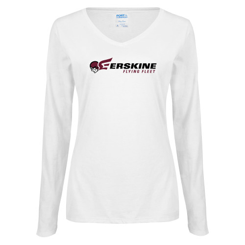  Womens White Long Sleeve V Neck Tee - Erskine Flying Fleet Horizontal