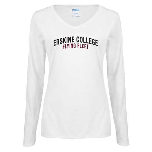  Womens White Long Sleeve V Neck Tee - Arched Collegiate