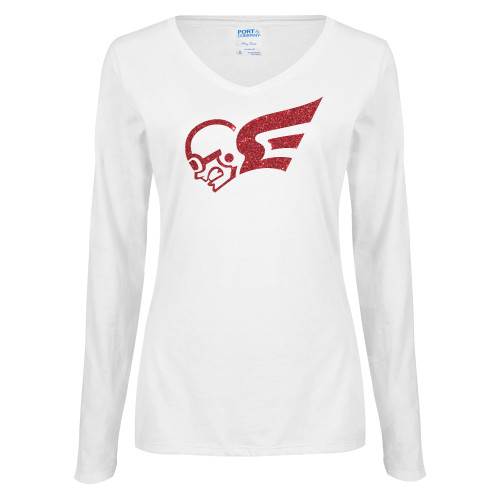  Womens White Long Sleeve V Neck Tee - N Red Glitter