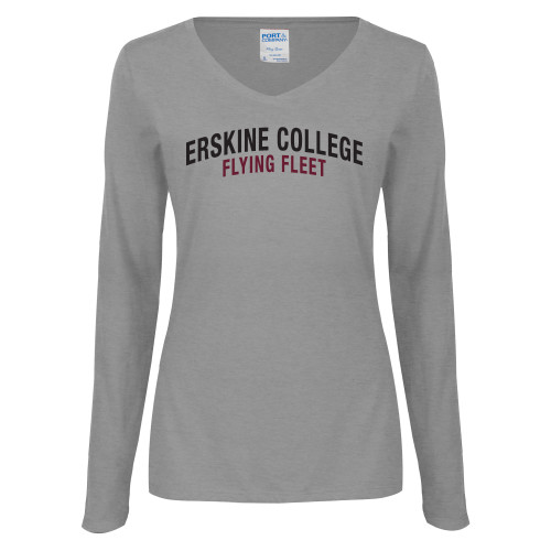  Womens Grey Long Sleeve V Neck Tee  - Arched Collegiate