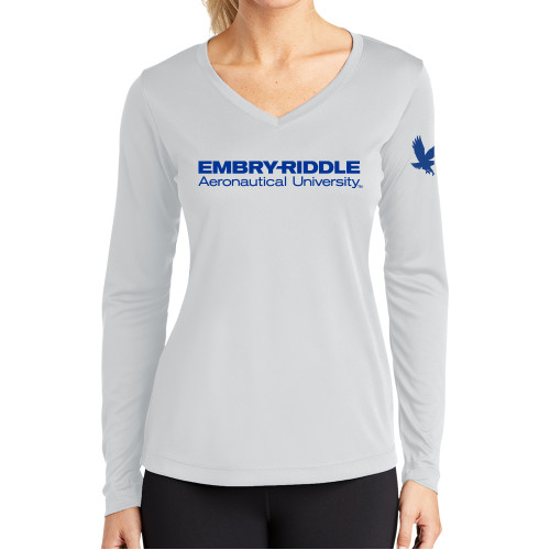 Womens White Performance Long Sleeve V Neck Shirt - ERAU Wordmark