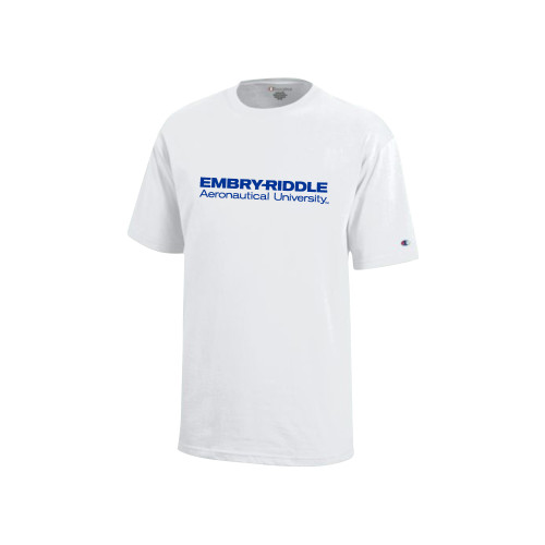  Champion Youth White Short Sleeve Tee - ERAU Wordmark