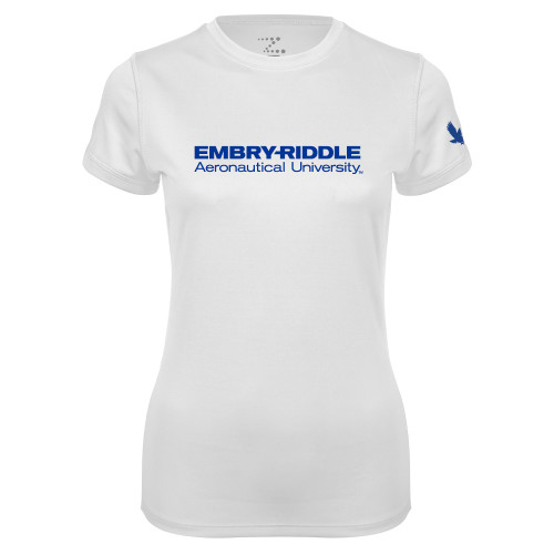 Womens White Performance Tee - ERAU Wordmark