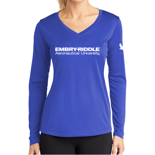  Womens Royal Performance Long Sleeve V Neck Shirt - ERAU Wordmark