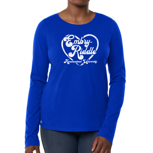  Fall Rush Ladies Royal Blue Long Sleeve Tee - Embry Riddle Aeronautical University Heart Distressed