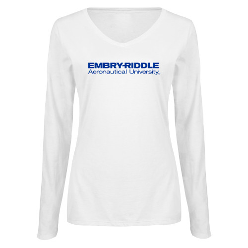  Womens White Long Sleeve V Neck Tee - ERAU Wordmark