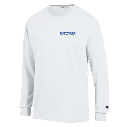  Champion White Long Sleeve T Shirt - ERAU Wordmark