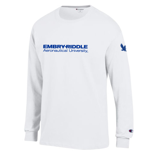  Champion White Long Sleeve T Shirt - ERAU Wordmark