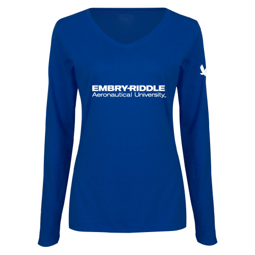  Womens Royal Long Sleeve V Neck Tee  - ERAU Wordmark