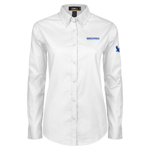  Womens White Twill Button Down Long Sleeve - ERAU Wordmark