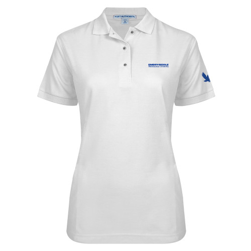  Womens Silk Touch White Pique Polo - ERAU Wordmark