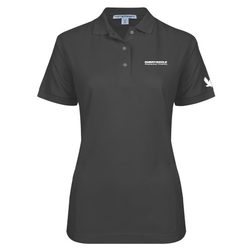  Womens Silk Touch Charcoal Pique Polo - ERAU Wordmark