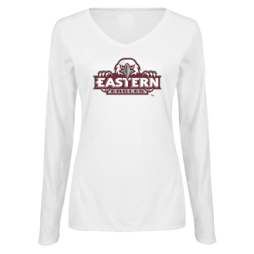  Womens White Long Sleeve V Neck Tee - Official Logo