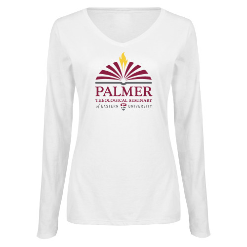  Womens White Long Sleeve V Neck Tee  - Palmer Theological Seminary of EU Stacked